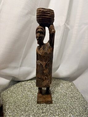 Hand-Carved Brown Wooden African Woman Statue - Home Art